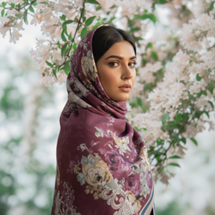Maroon Floral Hijab with Beige-Blue Border Accents