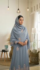 Light Blue Embroidered Stole with Peach & White Floral Motif
