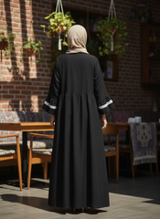 Black Gathered Abaya with White Lace Bands