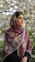 Maroon Floral Hijab with Beige-Blue Border Accents