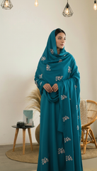 Teal Embroidered Stole with White Floral Motif