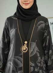Tehnoor Black Leaf-Pattern Abaya Silver Leaf with Stone Pendant Detailing Elegant Modest Wear for Women (Copy)