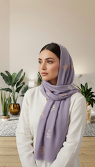 Light Purple Embroidered Stole with White & Gold Floral Motif