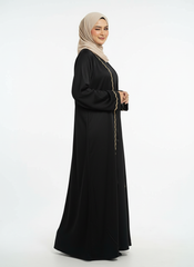 Shiny Satin Abaya with Wavy Lace Detail Black