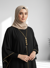 Black Satin Kaftan with Gold Trim & Tassel Detail