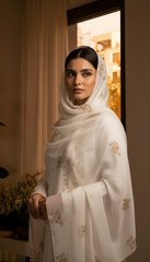 White Embroidered Stole with Gold Floral Motif