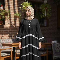 Black Gathered Abaya with White Lace Bands
