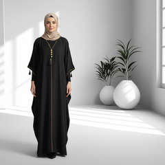 Black Satin Kaftan with Gold Trim & Tassel Detail