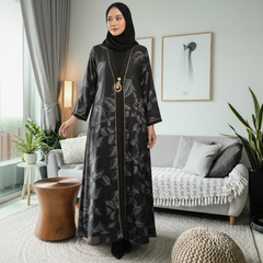 Tehnoor Black Leaf-Pattern Abaya Silver Leaf with Stone Pendant Detailing Elegant Modest Wear for Women (Copy)