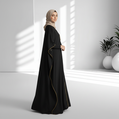 Black Satin Kaftan with Gold Trim & Tassel Detail