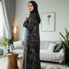 Tehnoor Black Leaf-Pattern Abaya Silver Leaf with Stone Pendant Detailing Elegant Modest Wear for Women (Copy)