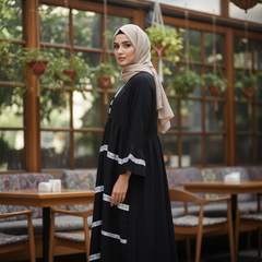 Black Gathered Abaya with White Lace Bands