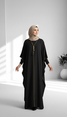 Black Satin Kaftan with Gold Trim & Tassel Detail