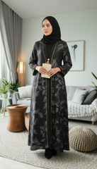 Tehnoor Black Leaf-Pattern Abaya Silver Leaf with Stone Pendant Detailing Elegant Modest Wear for Women (Copy)