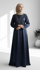 Dark Blue Satin Abaya with Chevron Beadwork