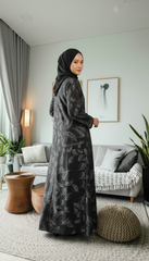 Tehnoor Black Leaf-Pattern Abaya Silver Leaf with Stone Pendant Detailing Elegant Modest Wear for Women (Copy)