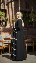 Black Gathered Abaya with White Lace Bands