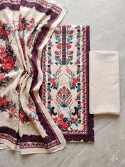 Ecru White Pure Cotton Unstitched Suit with Mal-Mal Cotton Dupatta