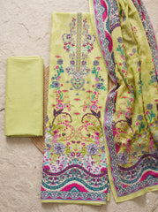 Lime Green Pure Cotton Unstitched Suit with Mal-Mal Cotton Dupatta