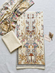 Cream Viscose Rayon Unstitched Suit with Heavy Embroidery and Cotton Dupatta