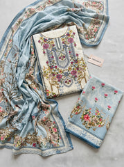 Ivory Sky Blue Floral Embroidered Pure Cotton Unstitched Suit Material