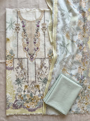 Ivory Mint Green Viscose Rayon  Digital Print Embroidered Unstitched Suit Material