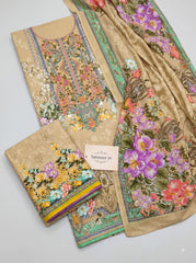 Camel Beige Floral Embroidered Pure Cotton Unstitched Suit Material