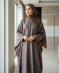 Elegant Charcoal Grey Kaftan Abaya with Contrast Piping | Premium Nida | Tehnoor