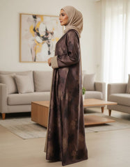 Tehnoor Brown Floral Romance Abaya – Premium Indian Nida Fabric Front-Open Modest Cardigan with Contrast Beige Panels