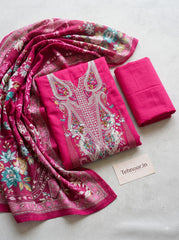 Magenta Pink Viscose Rayon Unstitched Suit with Heavy Embroidery and Cotton Dupatta