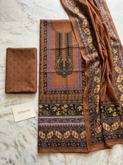 Rust Brown Printed Cotton Unstitched Suit with Floral Border Dupatta