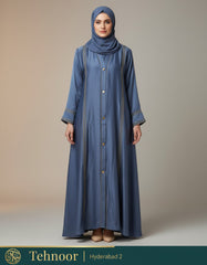 Satin Abaya with Lace Work & Button Detailing - Blue
