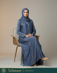 Satin Abaya with Lace Work & Button Detailing - Blue