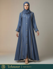Satin Abaya with Lace Work & Button Detailing - Blue