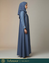 Satin Abaya with Lace Work & Button Detailing - Blue