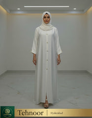 White Satin Crepe Abaya with Button Detail