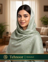 Tehnoor Women’s Sage Green Silk-Finish Embellished Stole – Elegant Self-Design Evening Wrap