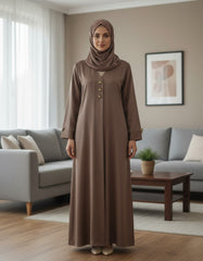 Coffee Brown Premium Soft Crepe Open Front Abaya - Earthy Modest Cardigan with Gold Triangle Accents - 54" Length