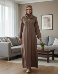 Coffee Brown Premium Soft Crepe Open Front Abaya - Earthy Modest Cardigan with Gold Triangle Accents - 54" Length