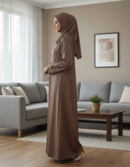 Coffee Brown Premium Soft Crepe Open Front Abaya - Earthy Modest Cardigan with Gold Triangle Accents - 54" Length