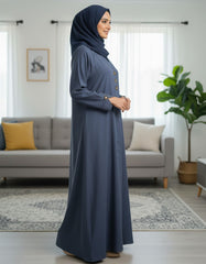 Slate Blue Premium Soft Crepe Open Front Abaya - Elegant Modest Cardigan with Gold Triangle Accents - 54" Length