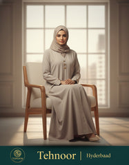 Premium Taupe Soft Crepe Open Front Abaya - Modern Modest Cardigan with Gold Triangle Accents - 54" Length
