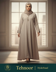 Premium Taupe Soft Crepe Open Front Abaya - Modern Modest Cardigan with Gold Triangle Accents - 54" Length