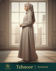 Premium Taupe Soft Crepe Open Front Abaya - Modern Modest Cardigan with Gold Triangle Accents - 54" Length