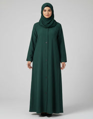 Emerald Green Ribbed Textured Abaya - Modern Front-Open Modest Cardigan with Geometric Triangle Accents - 54" Length