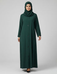 Emerald Green Ribbed Textured Abaya - Modern Front-Open Modest Cardigan with Geometric Triangle Accents - 54" Length