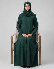 Emerald Green Ribbed Textured Abaya - Modern Front-Open Modest Cardigan with Geometric Triangle Accents - 54" Length