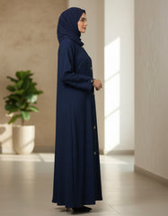 Premium Navy Blue Ribbed Abaya - Modern Textured Open-Front Modest Cardigan with Silver Triangle Accents - 54" Length