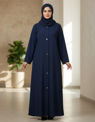 Premium Navy Blue Ribbed Abaya - Modern Textured Open-Front Modest Cardigan with Silver Triangle Accents - 54" Length