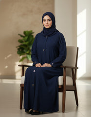 Premium Navy Blue Ribbed Abaya - Modern Textured Open-Front Modest Cardigan with Silver Triangle Accents - 54" Length